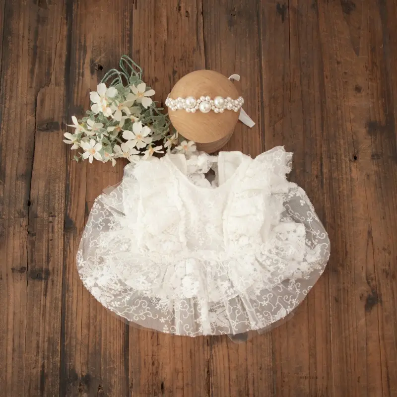 Baby Girl White Lace Pearl Dress Headband Set - Newborn Photography Outfit - Image 5